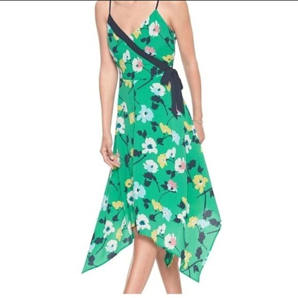 BANANA REPUBLIC Midi Dress Green Black Yellow Floral Flowy Size 6 - Picture 1 of 8